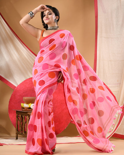 Women cotton handloom mulmul cotton sarees mul cotton sarees for women latest, Mohini design batik print bandhani malmal linen office daily, party, wear sarees for women (Pink)
