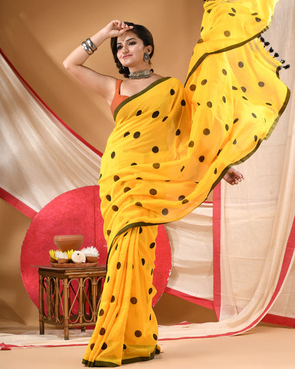 Women cotton handloom mulmul cotton sarees mul cotton sarees for women latest, Nazakat design batik print bandhani malmal linen office daily, party, wear sarees for women (Yellow Black)