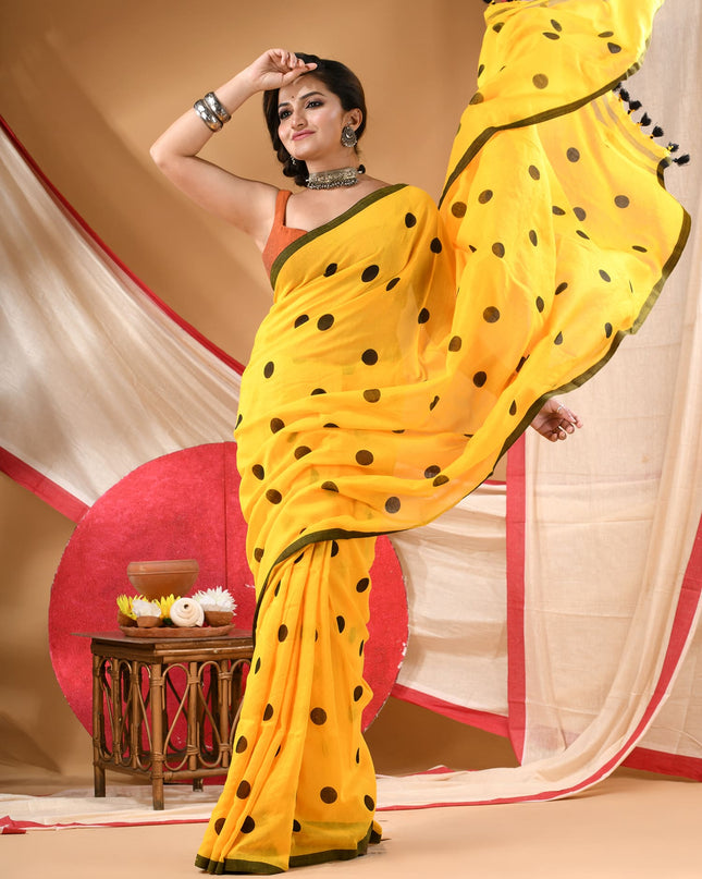 Women cotton handloom mulmul cotton sarees mul cotton sarees for women latest, Nazakat design batik print bandhani malmal linen office daily, party, wear sarees for women (Yellow Black)