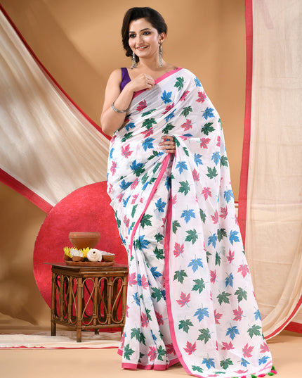 Women cotton handloom mulmul cotton sarees mul cotton sarees for women latest, Patta e Ishq design batik print bandhani malmal linen office daily, party, wear sarees for women (White)