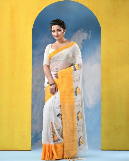 DESH BIDESH Ethnic Motifs Embroidered Pure Cotton Khadi Saree