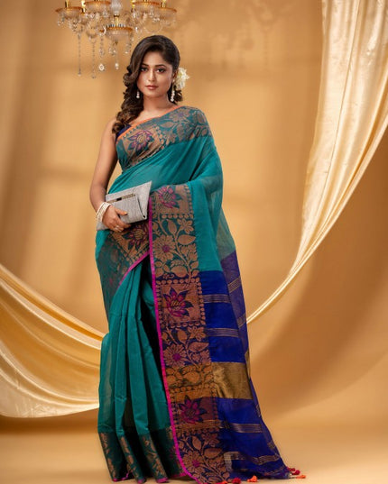 DESH BIDESH Floral Woven Dsign Zari Silk Cotton Taant Saree