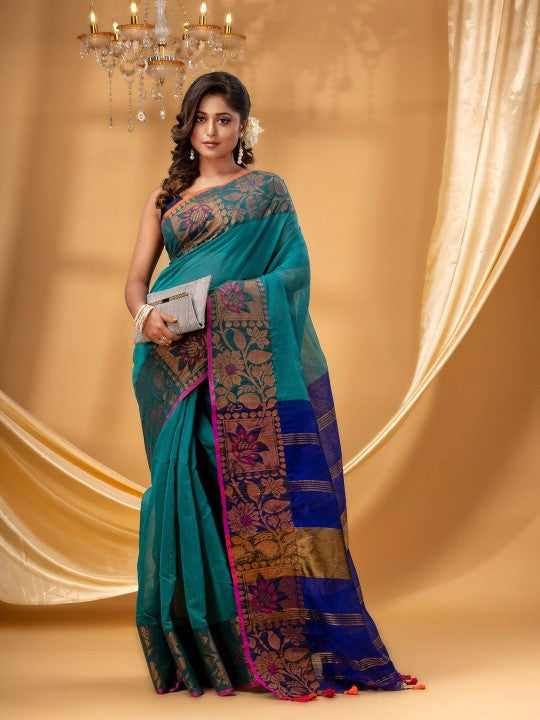 DESH BIDESH Floral Woven Dsign Zari Silk Cotton Taant Saree