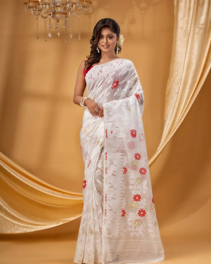 DESH BIDESH White & Red Pure Cotton Jamdani Saree, Woven Zari Design
