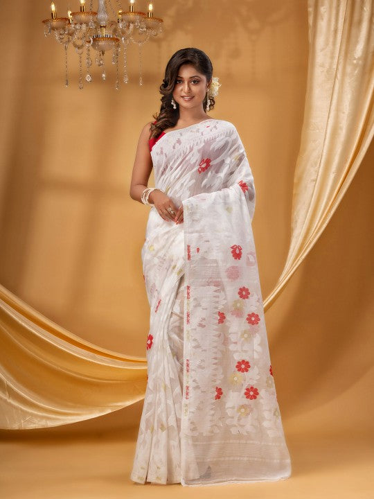 DESH BIDESH White & Red Pure Cotton Jamdani Saree, Woven Zari Design