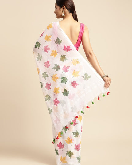 DESH BIDESH White & Pink Floral Print Pure Cotton Taant Saree