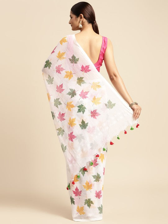 DESH BIDESH White & Pink Floral Print Pure Cotton Taant Saree