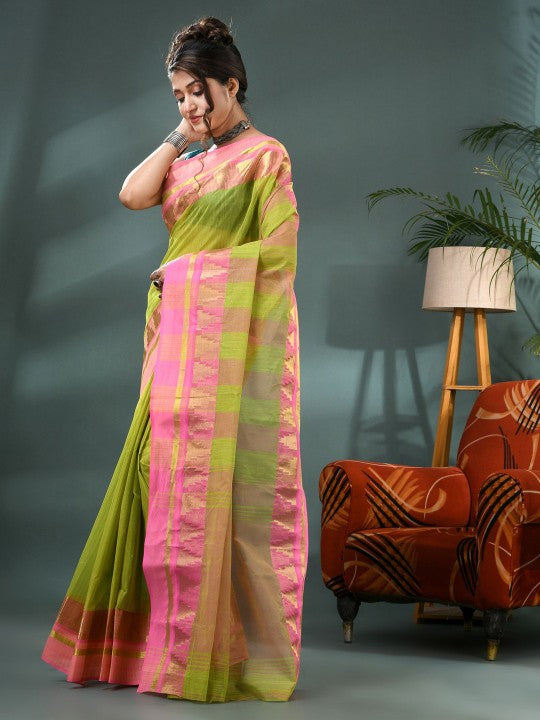 DESH BIDESH Striped Zari Pure Cotton Taant Saree