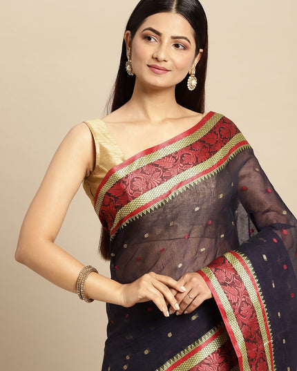 DESH BIDESH Navy Blue & Red Ethnic Motifs Pure Cotton Taant Saree