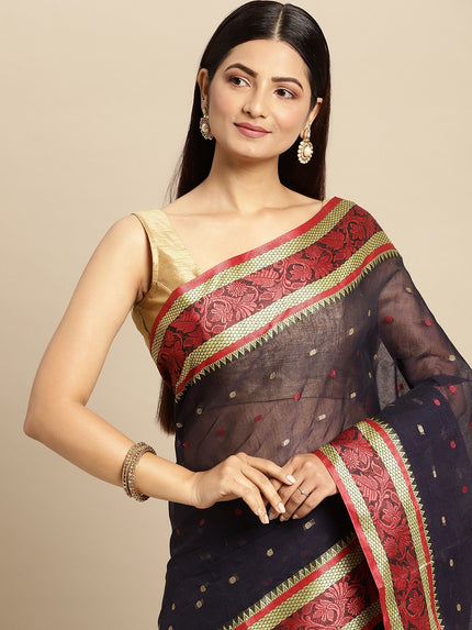DESH BIDESH Navy Blue & Red Ethnic Motifs Pure Cotton Taant Saree