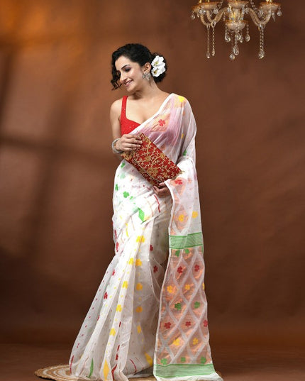 DESH BIDESH White and Red Floral Woven Design Jamdani Saree for Women