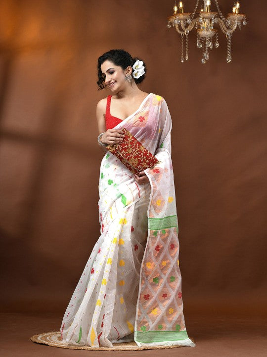 DESH BIDESH White and Red Floral Woven Design Jamdani Saree for Women