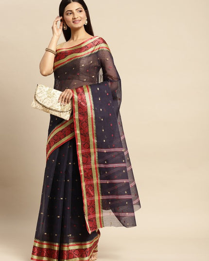 DESH BIDESH Navy Blue & Red Ethnic Motifs Pure Cotton Taant Saree