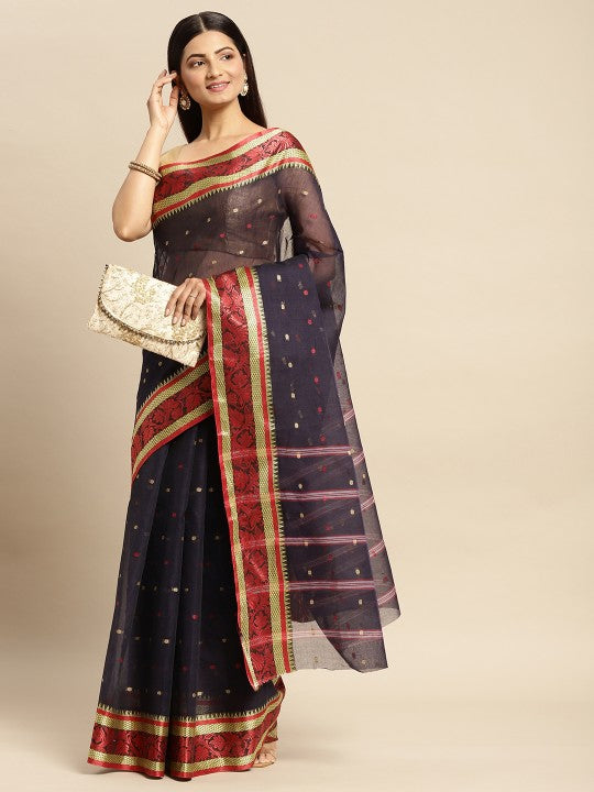 DESH BIDESH Navy Blue & Red Ethnic Motifs Pure Cotton Taant Saree
