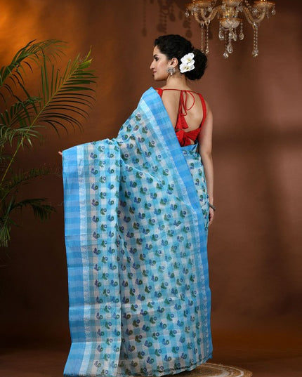 DESH BIDESH Blue & Green Floral Printed Pure Cotton Block Print Saree with Woven Border