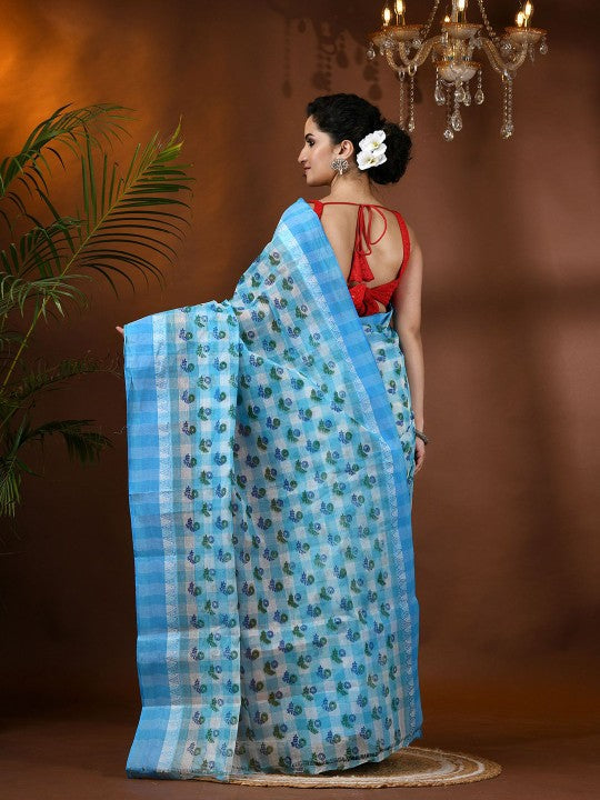 DESH BIDESH Blue & Green Floral Printed Pure Cotton Block Print Saree with Woven Border