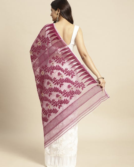 DESH BIDESH Magenta & White Ethnic Motifs Pure Cotton Taant Saree