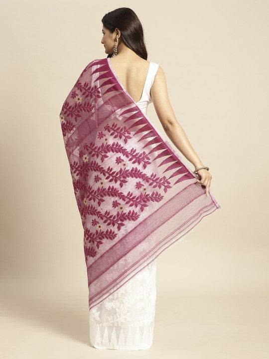 DESH BIDESH Magenta & White Ethnic Motifs Pure Cotton Taant Saree