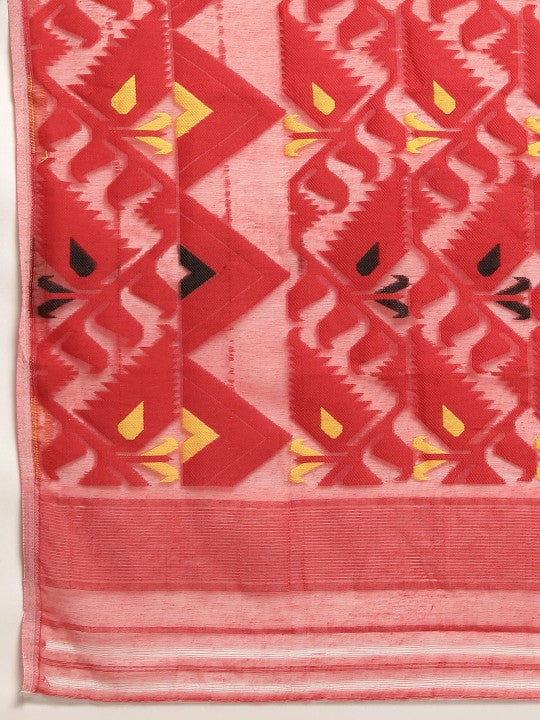 White & Red Pure Cotton Jamdani Saree