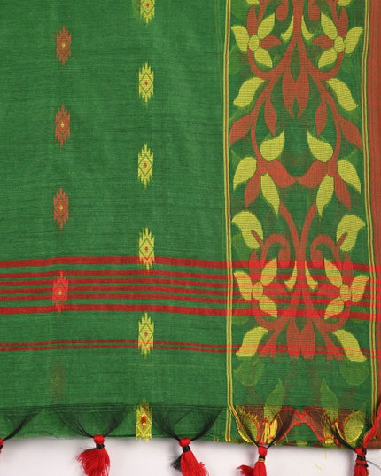 DESH BIDESH Green & Red Woven Design Silk Cotton Taant Saree for Women