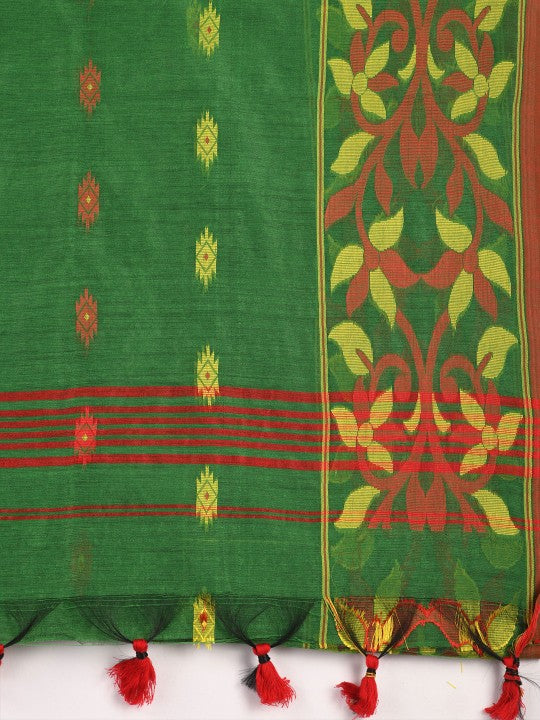 DESH BIDESH Green & Red Woven Design Silk Cotton Taant Saree for Women