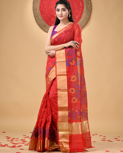 DESH BIDESH Woven Self Design Floral Pure Cotton Zari Saree