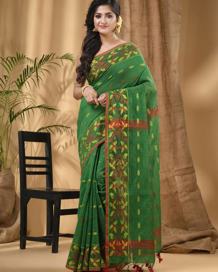 DESH BIDESH Green & Red Woven Design Silk Cotton Taant Saree for Women