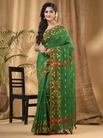 DESH BIDESH Green & Red Woven Design Silk Cotton Taant Saree for Women