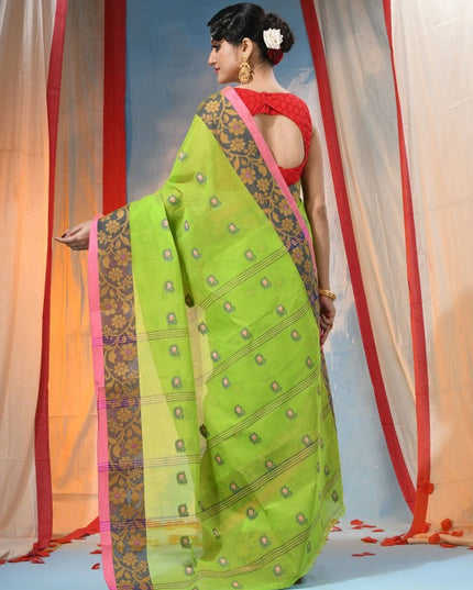 Exquisite Green Floral Pure Cotton Saree with Woven Design Border