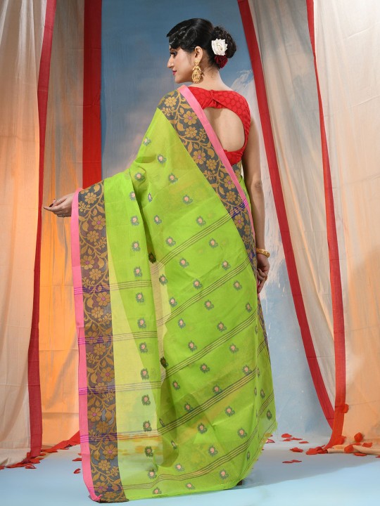 Exquisite Green Floral Pure Cotton Saree with Woven Design Border
