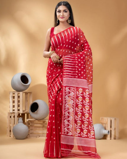 Exquisite Red & White Pure Cotton Jamdani Saree with Woven Ethnic Motifs