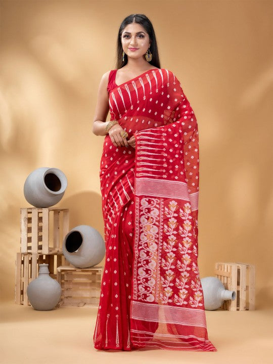 Exquisite Red & White Pure Cotton Jamdani Saree with Woven Ethnic Motifs