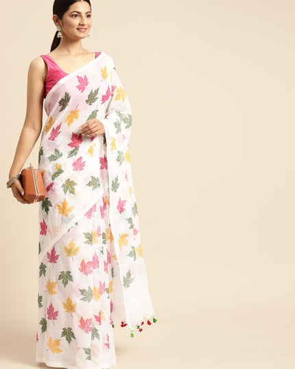 DESH BIDESH White & Pink Floral Print Pure Cotton Taant Saree