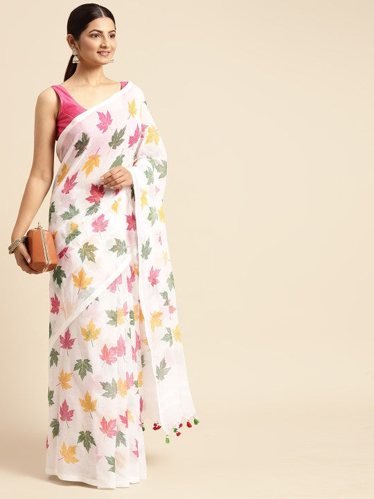 DESH BIDESH White & Pink Floral Print Pure Cotton Taant Saree