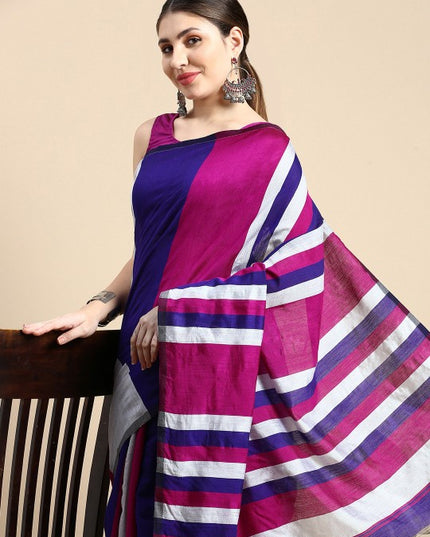 DESH BIDESH Pink & Silver Striped Ghicha Cotton Silk Saree with Unstitched Blouse