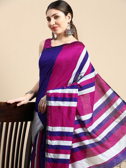 DESH BIDESH Pink & Silver Striped Ghicha Cotton Silk Saree with Unstitched Blouse