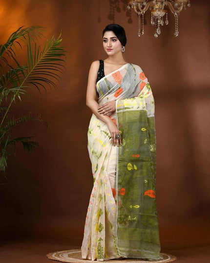 DESH BIDESH Elegant White & Green Paisley Woven Phulkari Jamdani Saree