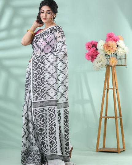 DESH BIDESH White & Black Woven Design Jamdani Saree with Matching Blouse Piece