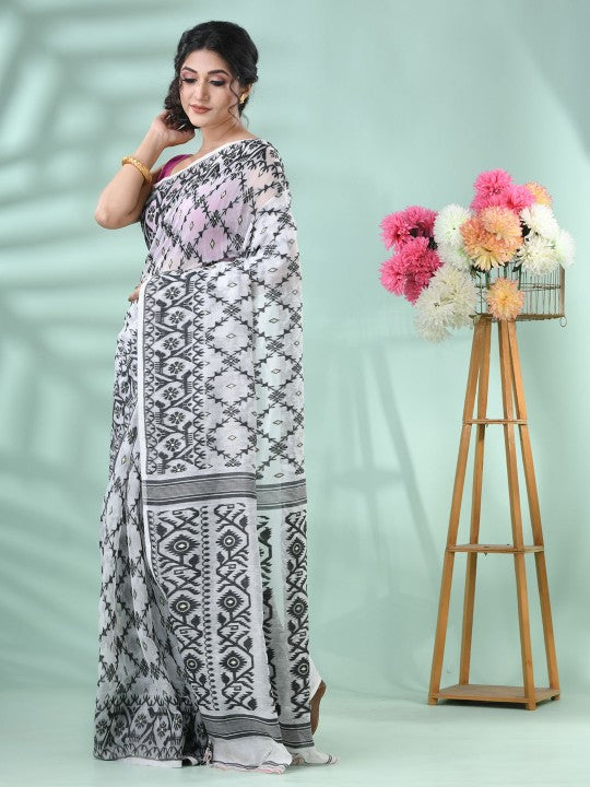DESH BIDESH White & Black Woven Design Jamdani Saree with Matching Blouse Piece