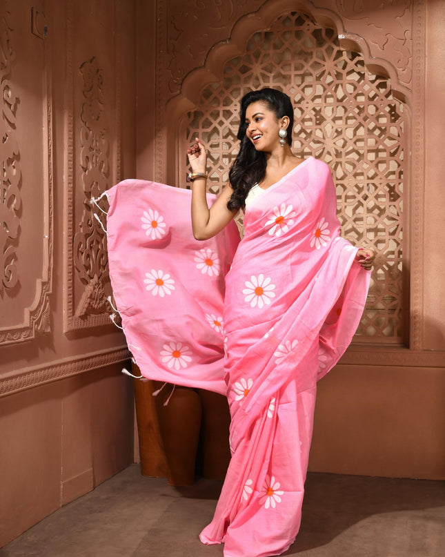 dB DESH BIDESH Women`s Mul Cotton Sarees Soft Fancy Phoolpari Latest, Design Party, Wear Cotton New Linen Saree For Woman With Blouse Piece (Baby Pink)