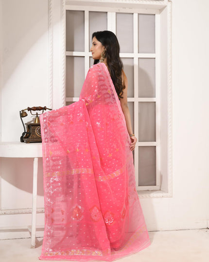 dB DESH BIDESH Women's Soft Cotton Silk Jamdani Sarees For Women for Party Festival Wedding Silk Saree GlamQueen Gold Work Design Without Blouse piece (Candy Pink)