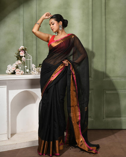 dB DESH BIDESH Women`s Cotton Silk ajrakh Saree with Gold Zari Border RoopZari Trendy Cotton Soft Silk Saree | Saree for Woman (Black Saree)