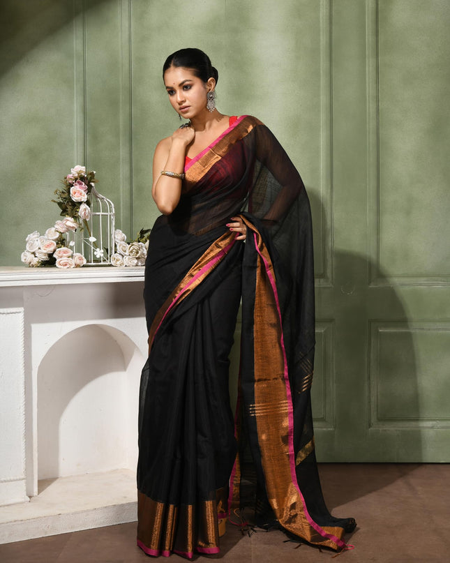 dB DESH BIDESH Women`s Cotton Silk ajrakh Saree with Gold Zari Border RoopZari Trendy Cotton Soft Silk Saree | Saree for Woman (Black Saree)