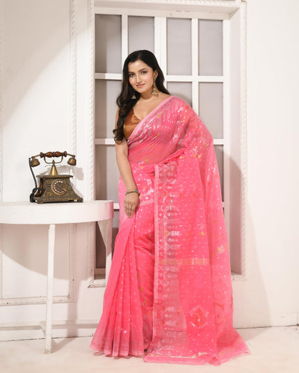 dB DESH BIDESH Women's Soft Cotton Silk Jamdani Sarees For Women for Party Festival Wedding Silk Saree GlamQueen Gold Work Design Without Blouse piece (Candy Pink)