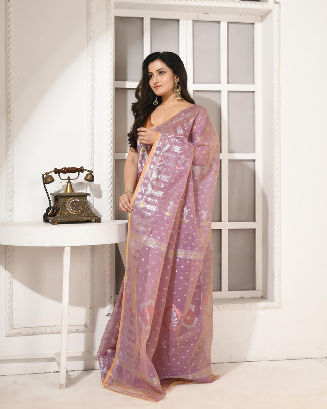 dB DESH BIDESH Women's Soft Cotton Silk Jamdani Sarees For Women for Party Festival Wedding Silk Saree GlamQueen Gold Work Design Without Blouse piece (Blush Pink)