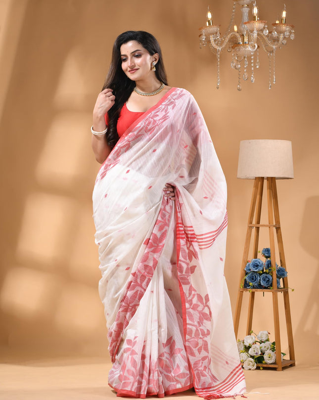 dB DESH BIDESH Women`s Cotton Linen Saree with Unstitched Blouse Piece and Floral Printed Pattern | Women Saree for Special Occasion | Stylish Fancy Cotton Silk Sarees (White Saree)