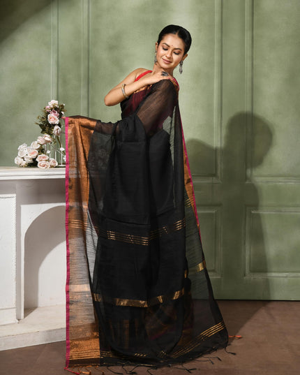 dB DESH BIDESH Women`s Cotton Silk ajrakh Saree with Gold Zari Border RoopZari Trendy Cotton Soft Silk Saree | Saree for Woman (Black Saree)