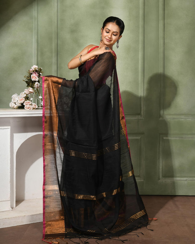 dB DESH BIDESH Women`s Cotton Silk ajrakh Saree with Gold Zari Border RoopZari Trendy Cotton Soft Silk Saree | Saree for Woman (Black Saree)