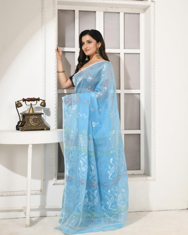dB DESH BIDESH Women's Soft Cotton Silk Jamdani Sarees For Women for Party, Wear Linen Silk Saree Zarikatha Design Cotton saree for woman Without Blouse piece (Blue)