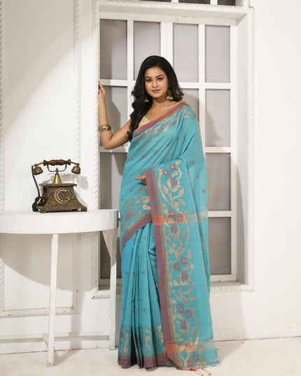 dB DESH BIDESH Women`s Cotton Silk Saree with Gold Zari Floral Woven Svarna Lata Design Soft Modal Silk Women Saree With Blouse Piece | Sari for women (Sky Blue)